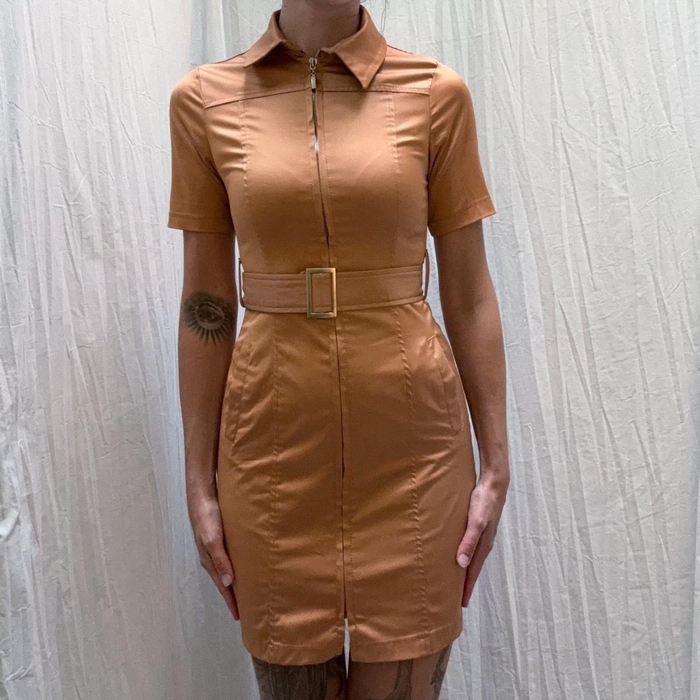 Trendyol Gold Mini Full Zip Collared Dress Short Sleeves 34/XS Going Out Party